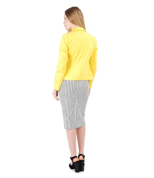 Rochie din jerse cu dungi si sacou din bumbac texturat