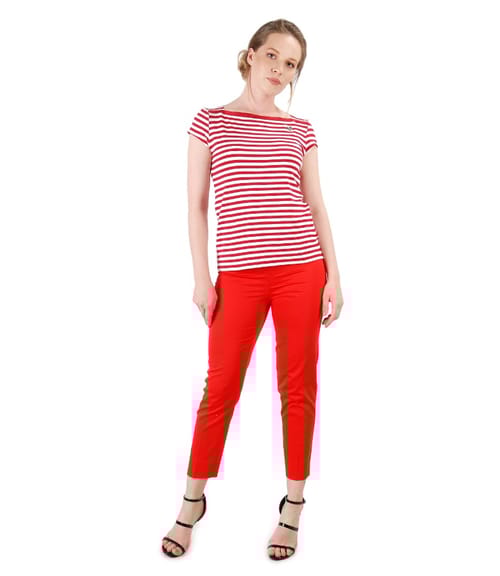 Tinuta eleganta cu pantaloni pana din bumbac si tricou din jerse cu dungi