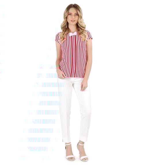 Pantaloni pana din viscoza si tricou imprimat cu dungi si funda pe decolteu