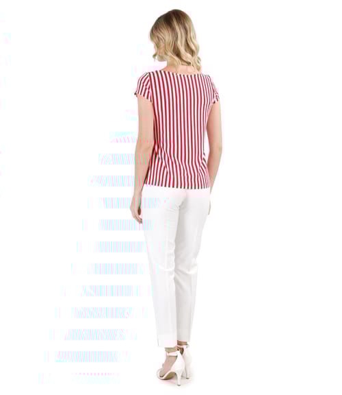 Pantaloni pana din viscoza si tricou imprimat cu dungi si funda pe decolteu