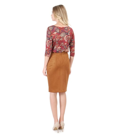 Bluza din jerse elastic imprimat cu fusta din stofa cu aspect catifelat