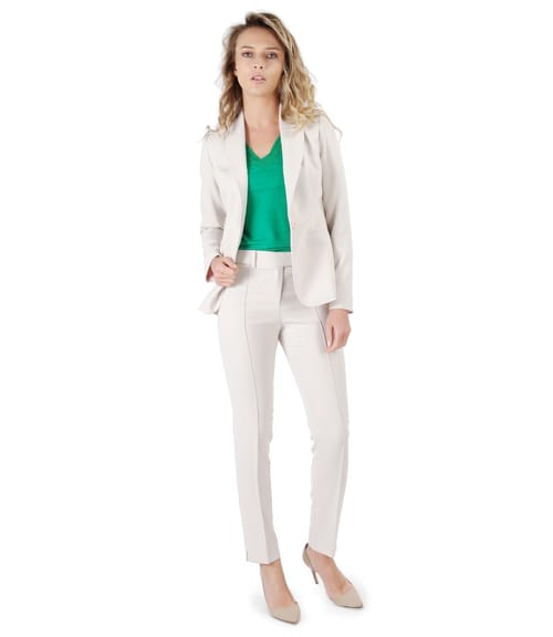Costum dama office cu sacou si pantaloni pana din stofa elastica bej