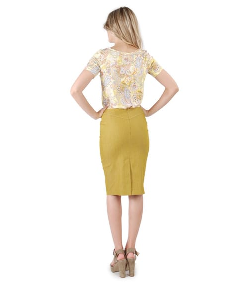 Fusta office din bumbac tip denim cu bluza din jerse elastic