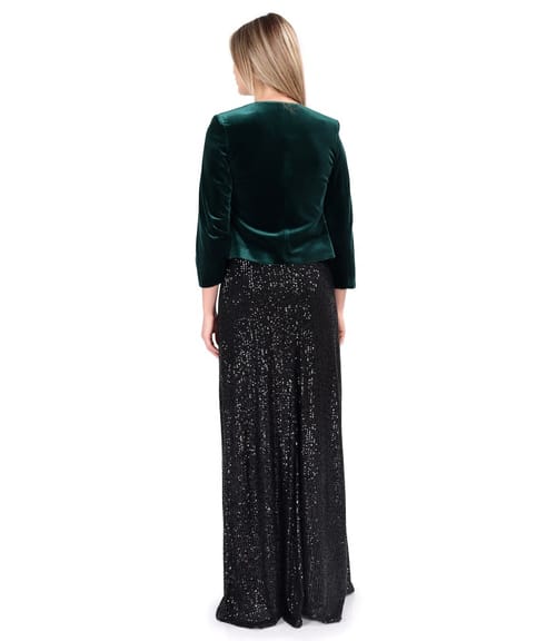 Tinuta de ocazie cu rochie lunga din paiete si bolero din catifea