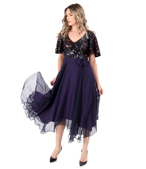 Rochie midi de seara din voal cu corsaj si maneci din paiete