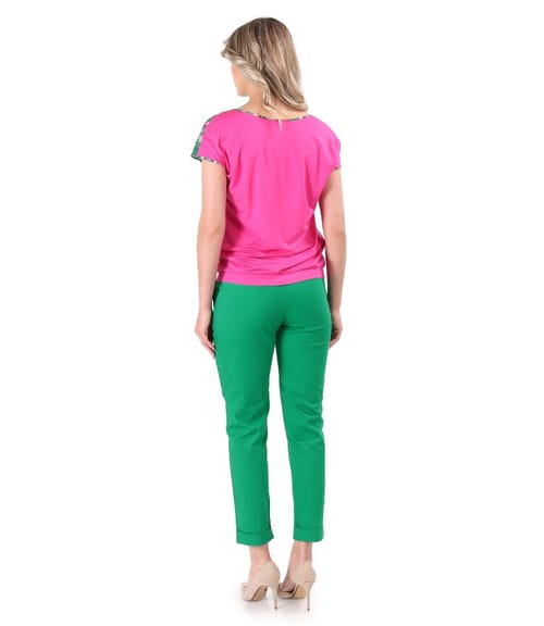 Bluza cu fata din voal imprimat si pantaloni pana din bumbac elastic subtire