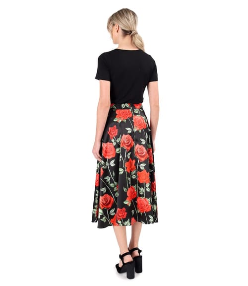 Bluza din jerse elastic uni cu fusta midi din saten imprimat cu trandafiri