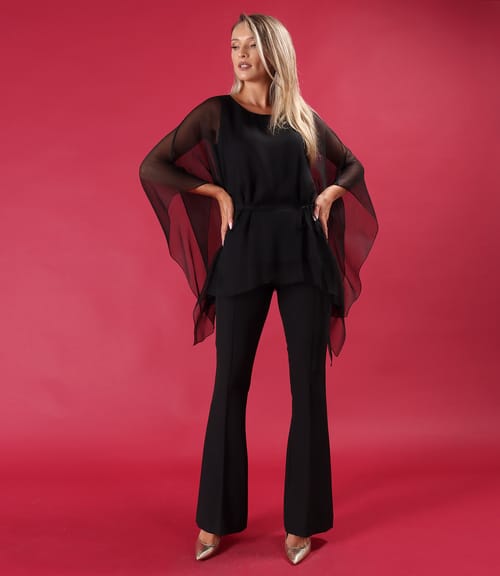 Bluza fluture din voal de matase naturala cu pantaloni evazati