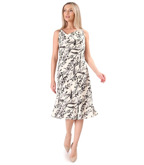 Rochie midi pe bie din viscoza cu motive florale si fir de effect