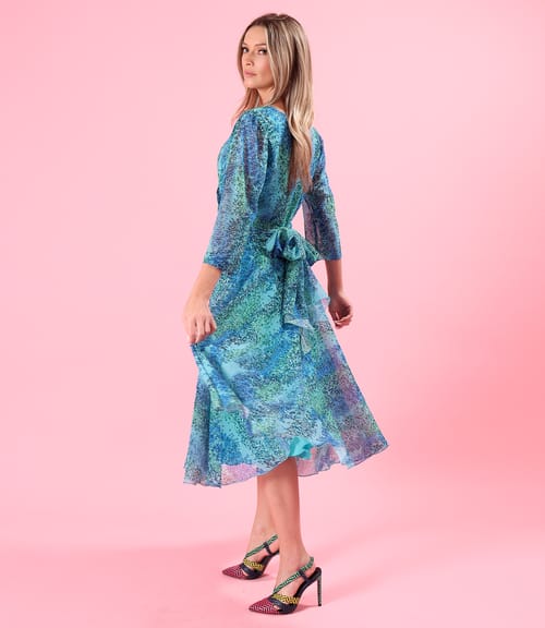 Rochie midi din voal imprimat cu brau in talie