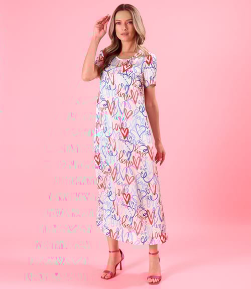 Rochie midi din satin de viscoza imprimata cu inimi