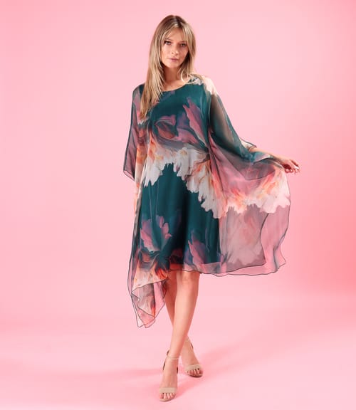 Rochie fluture din voal de matase naturala imprimata cu motive florale