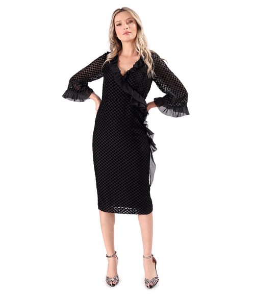 Rochie de cocktail din voal cu buline din catifea