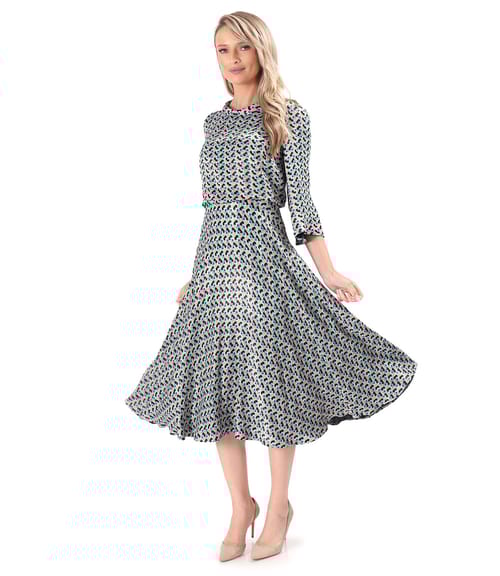 Rochie midi din satin de viscoza imprimata cu motive geometrice