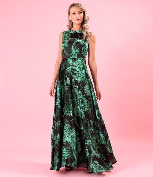 Rochie lunga din matase naturala imprimata cu motive paisley