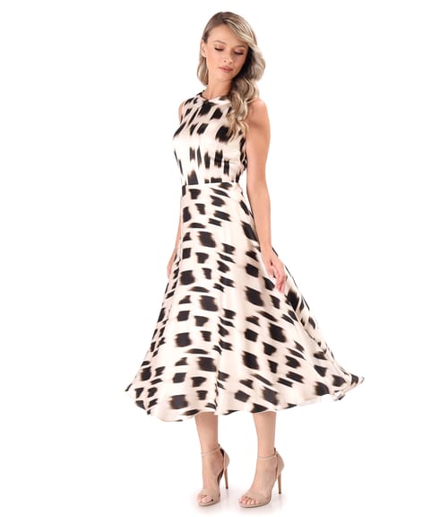Rochie midi din matase naturala imprimat cu motive geometrice
