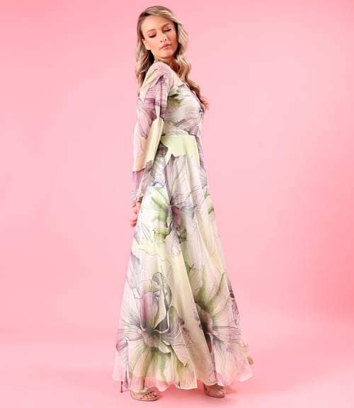 Rochie lunga din voal fin imprimat digital cu motive florale supradimensionate