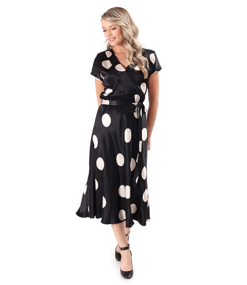 Rochie midi din satin de viscoza imprimata cu buline