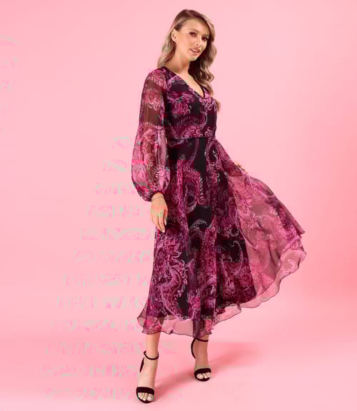 Rochie midi din voal fin imprimat digital cu motive paisley