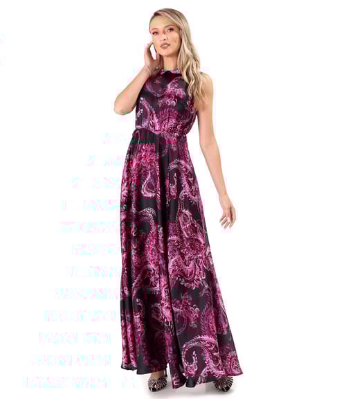 Rochie lunga din matase naturala imprimata cu motive paisley