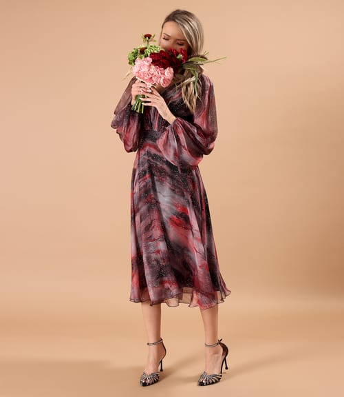 Rochie de seara din voal imprimat si cu motive aurii