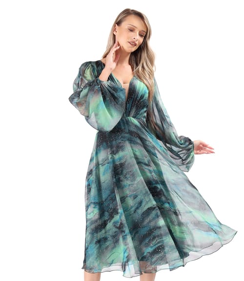 Rochie de seara din voal imprimat si cu motive aurii