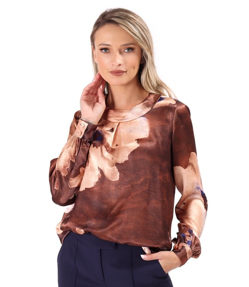 Bluza lejera din viscoza satinata imprimat cu flori supradimensionate
