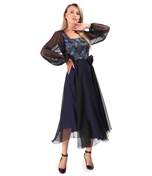 Rochie de seara midi cu bust din brocard cu fir metalic