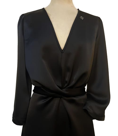 Rochie midi satinata cu cordon rasucit in talie