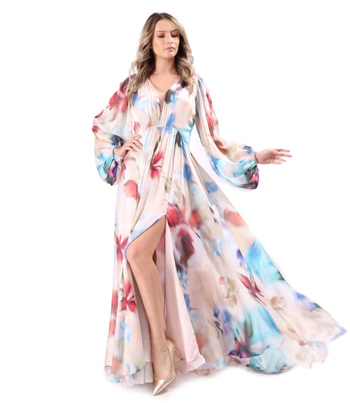 Rochie lunga de seara din voal imprimat