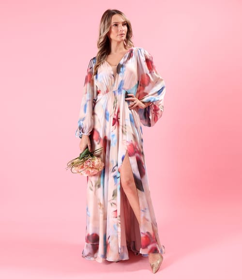 Rochie lunga de seara din voal imprimat