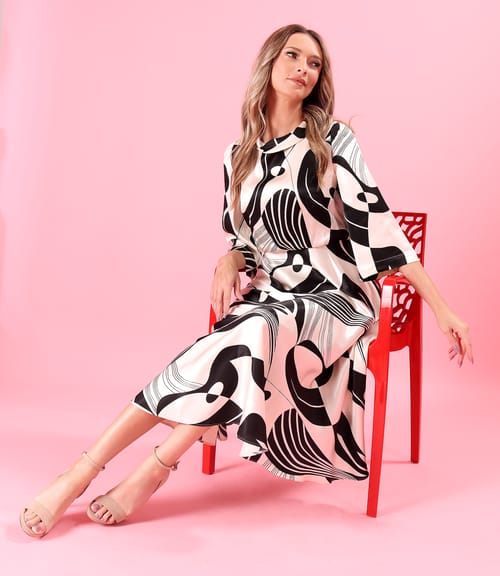 Rochie midi din satin de viscoza imprimata cu motive geometrice