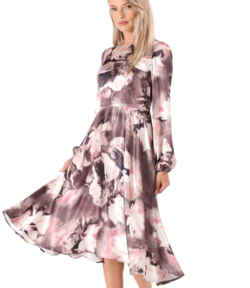 Rochie midi din viscoza satinata imprimata cu motive florale
