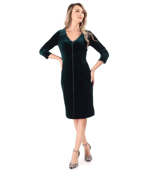 Rochie din catifea elastica cu aplicatie de cristale la decolteu