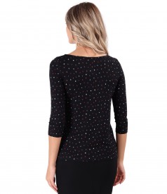 Bluza din jerse elastic cu funda din rips la decolteu