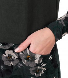 Rochie midi din jerse elastic flausat si catifea brocata cu motive florale