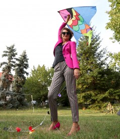 Pantaloni pana in carouri cu banda satinata pe lateral