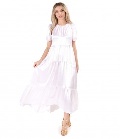Rochie lunga satinata cu volane asimetrice