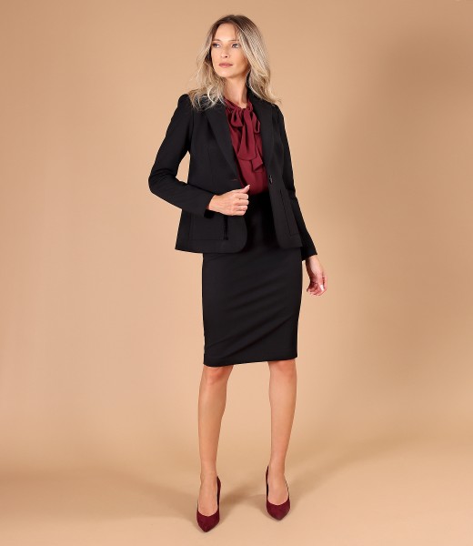 Costum dama office cu sacou si fusta din stofa texturata cu viscoza