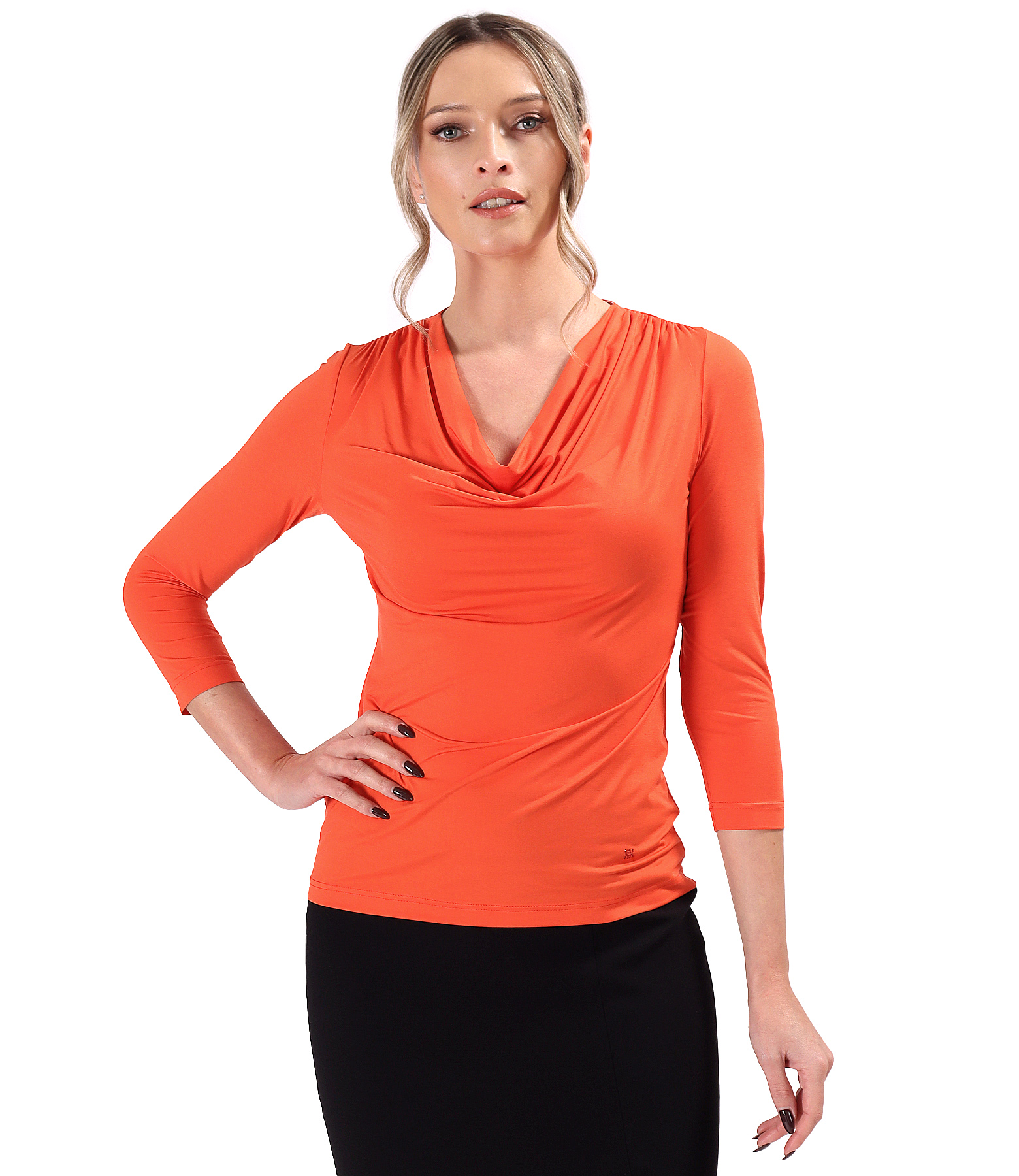 Bluza din jerse elastic cu decolteu in falduri si maneci 3/4