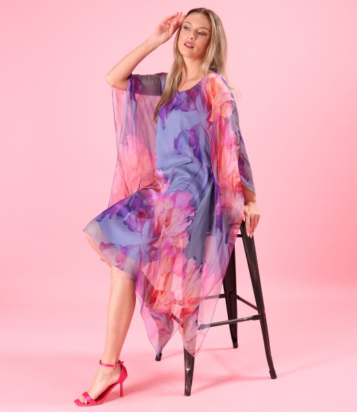 Rochie fluture din voal de matase naturala imprimata cu motive florale
