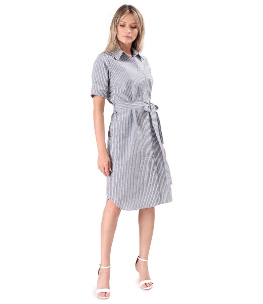 Rochie tip camasa din in cu bumbac imprimat cu dungi