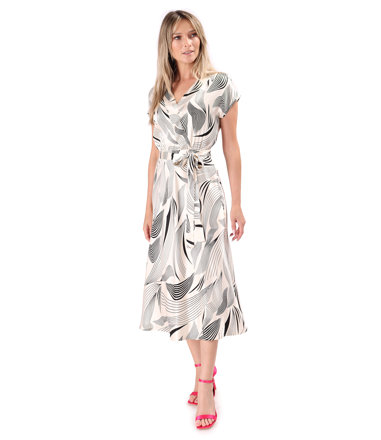 Rochie midi din satin de viscoza cu cordon in talie
