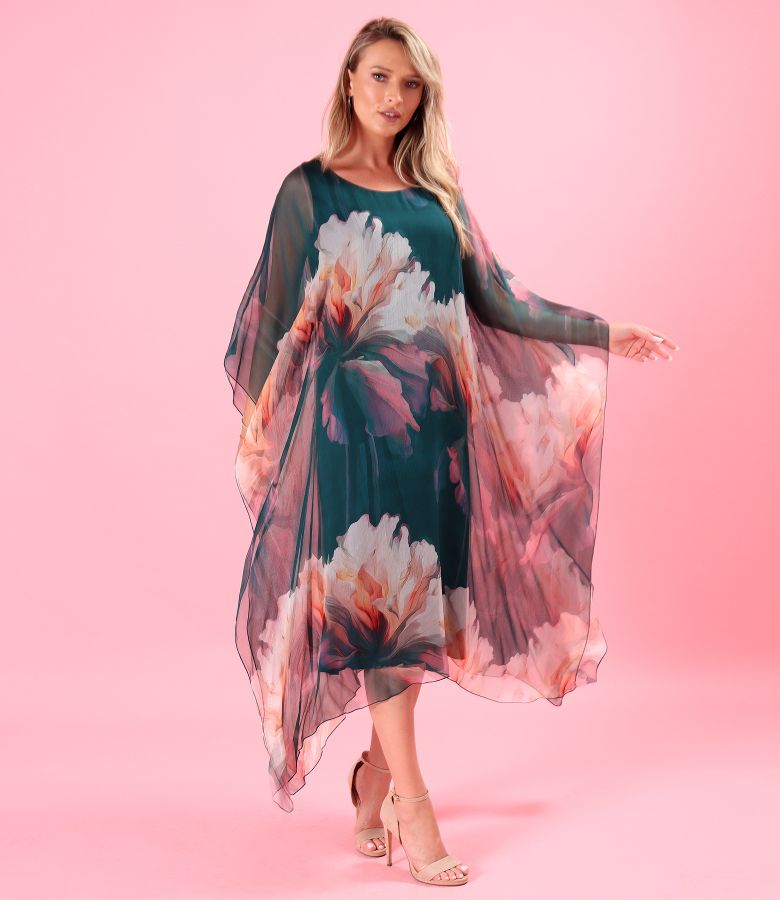 Rochie midi fluture din voal de matase naturala imprimata cu motive florale
