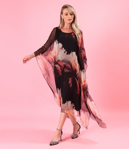 Rochie midi fluture din voal de matase naturala imprimata cu motive florale