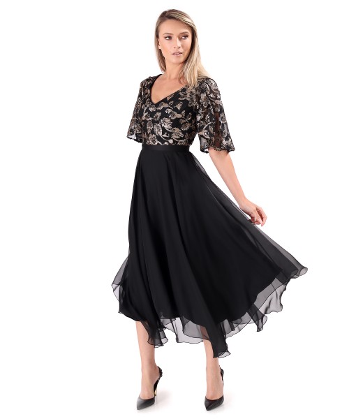Rochie midi de ocazie cu corsaj si maneci ample din paiete cu motive florale