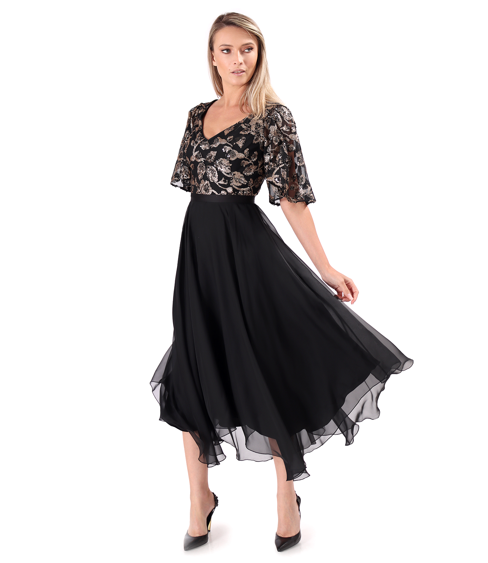 Rochie midi de ocazie cu corsaj si maneci ample din paiete aurii cu motive florale