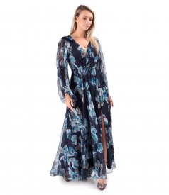 Rochie lunga de seara din voal fin imprimat cu motive florale