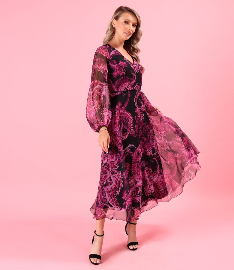 Rochie midi din voal fin imprimat digital cu motive paisley