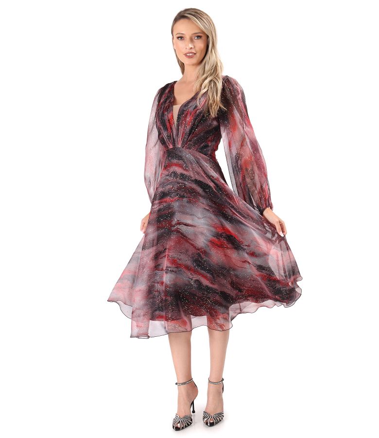 Rochie de seara din voal imprimat si cu motive aurii